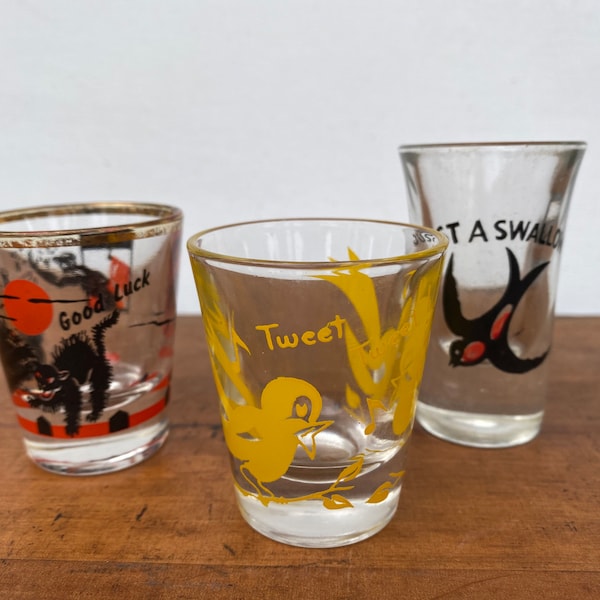 Vintage Shot Glasses Lot Of 3, Just A Swallow, Yellow Bird, Black Cat Good Luck, Man Cave Gift, Drinking Shots, Retro Bar Ware, Party