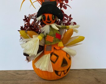 Vintage Halloween Centerpiece, Flocked JOL With Scarecrow And Plastic Foliage