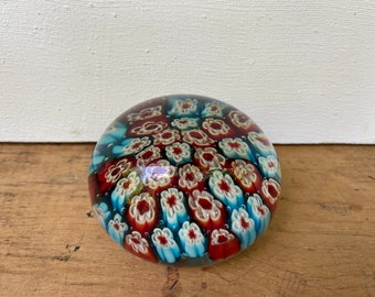 Vintage Murano Millefiori Paper Weight, Red And Blue Green Canes, Label With Tape, Marked Italy