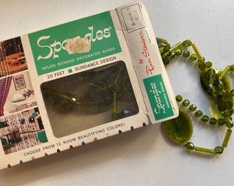Vintage Olive Green Spangles Decorator Beads, Original Box With Partial Strand, Nylon Bonded Beads, Russ Stonier Inc, Chicago