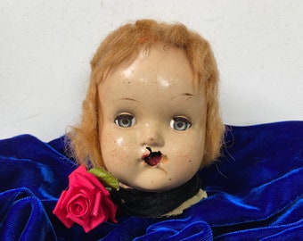 Vintage Creepy Doll Head With Black Velvet Cord And Faux Roses, Shabby Dolly, Halloween Prop, Curiosity, Studio Decor