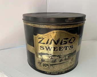 Antique Zingo Sweets Large Tin, Euclid Candy, Cleveland Ohio, Racing Car Tin, Antique Advertising Tin, Shabby, Black And Gold