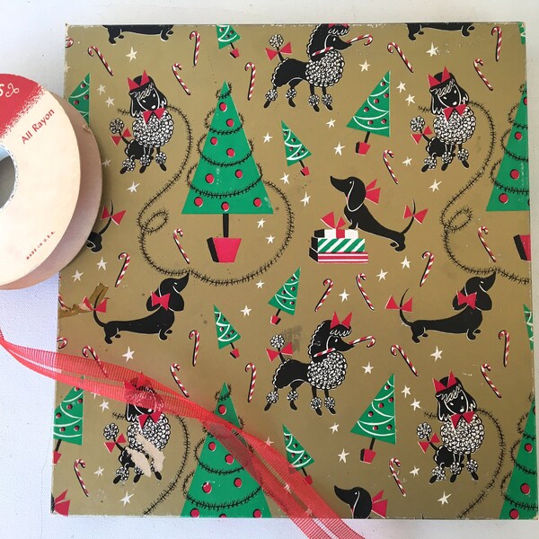 Vintage Christmas Box, Poodles And Dachshunds, Kitschy Dog Holiday Gift Wrap, Flat Gift Box, Includes Partial Red Ribbon, See Condition