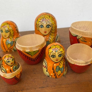 Vintage Russian Nesting Dolls, Matryoshka Wooden Russian Dolls, Hand painted, Bone With Braid image 8