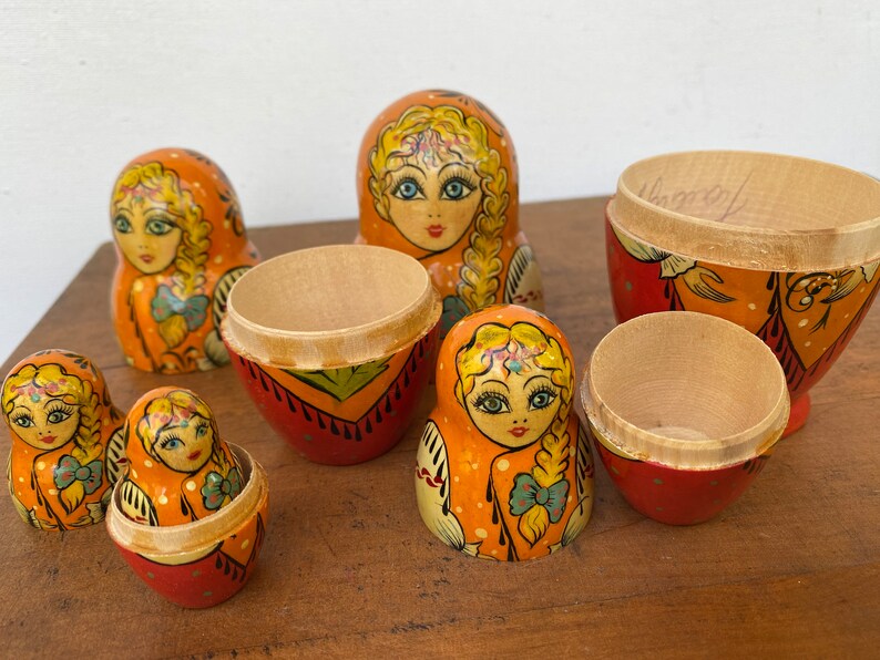 Vintage Russian Nesting Dolls, Matryoshka Wooden Russian Dolls, Hand painted, Bone With Braid image 8