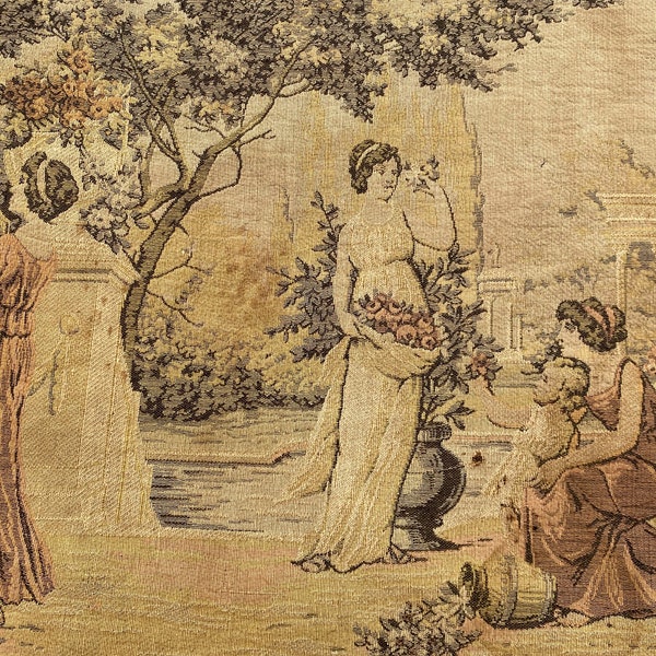 Vintage French Tapestry, Women In Garden Playing Instruments, With Flowing Grecian Gowns, Made In France