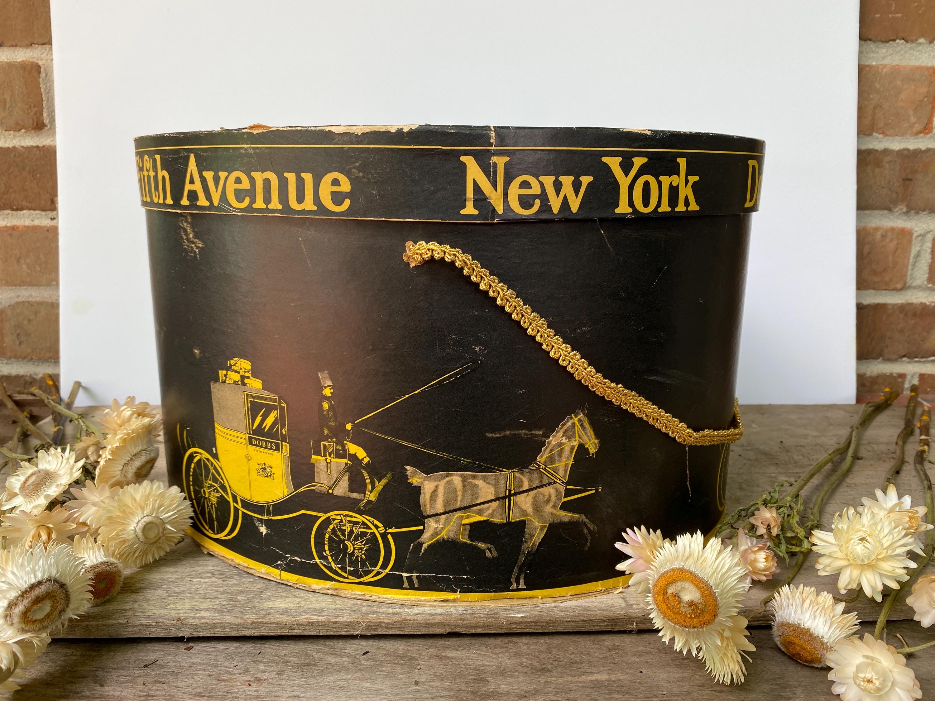 Vintage Dobbs Fifth Avenue Hat Box Horse + Buggy Women’s Mink Hat & Hat Block Vintage Rectangle Dobbs Hat Box, Black Yellow Mens Hat Box  main image 3