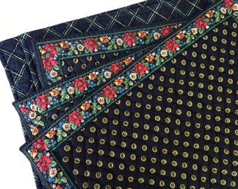 Vera Bradley Placemats, Vintage, Reversible Black With Floral Green Plaid, Set Of 5, Holiday Place Mats, Christmas