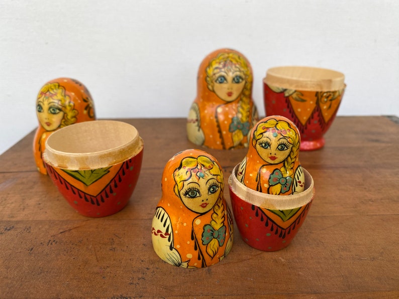 Vintage Russian Nesting Dolls, Matryoshka Wooden Russian Dolls, Hand painted, Bone With Braid image 9