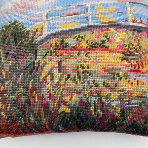 Hand Stitched Impressionism Needlepoint Pillow With Velvet Backing, Abstract Nature Design, Fence, Pastel Sky, Shrubs And Flowers Foreground image 3