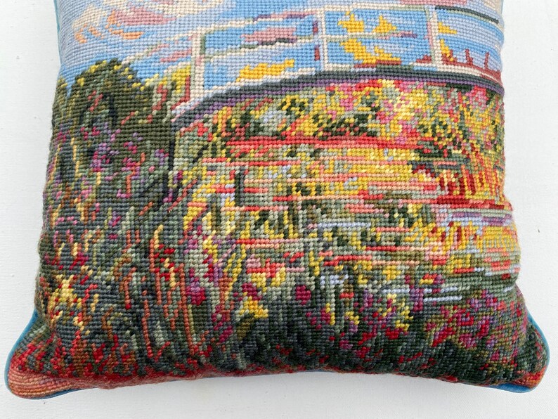 Hand Stitched Impressionism Needlepoint Pillow With Velvet Backing, Abstract Nature Design, Fence, Pastel Sky, Shrubs And Flowers Foreground image 3