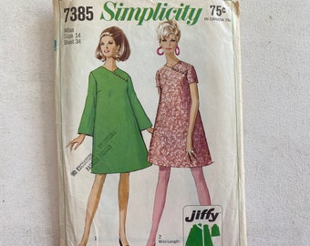 60's Vintage Simplicity 7385, Miss Size 14, Bust 34 Tent Dress, Jiffy Dress, 2 Sleeve Lengths, Easy Cut Easy Sew