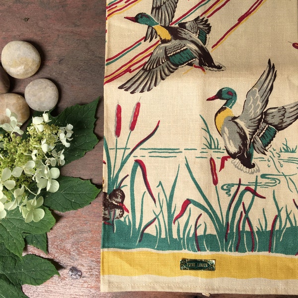 Mid Century Leacock Flying Duck With Cattails, Mallard Duck Pure Linen Unused Kitchen Towel, Man Cave Bar Towel, Duck Hunter