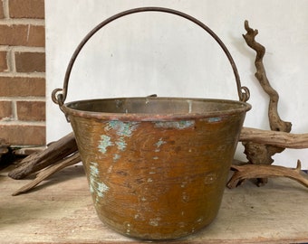 Antique Brass Pot With Handle, Brass Kettle 2, Cauldron, Halloween, Rustic Decor, Fireplace Hearth Decoration, See Description All Photos