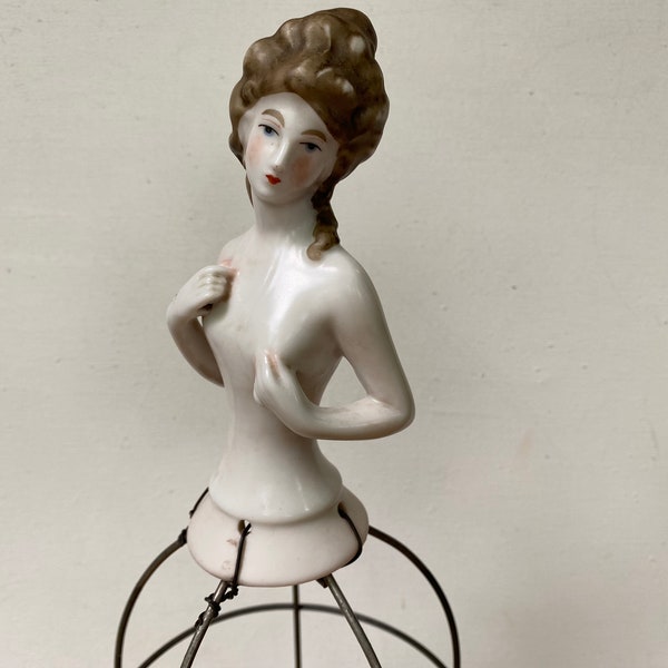 Porcelain Half Doll Lamp, Marie Antoinette, Light Still Working, Boudoir Doll, Wire Cage Base, Repurpose
