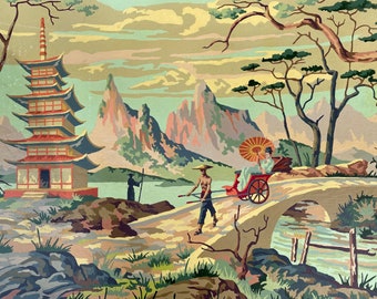 Vintage Asian Scene Paint By Number, Princess Pulled In Rickshaw On Bridge, Pagoda Mountains, Lake, Title Oriental Shrine, Craftint, 18"x24"