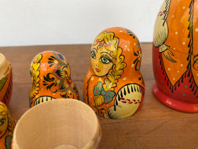 Vintage Russian Nesting Dolls, Matryoshka Wooden Russian Dolls, Hand painted, Bone With Braid image 7