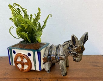 Vintage Donkey Planter, Small Donkey Pulling Wagon, Made In Occupied Japan