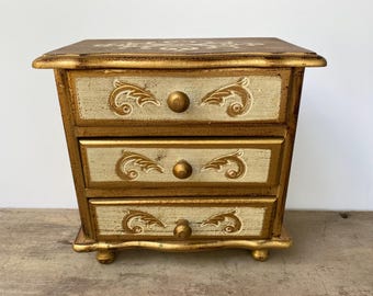 Vintage Gold Florentine Jewelry Box, Made In Japan, 3 Drawer Wood Jewelry Chest, Boudoir, Storage