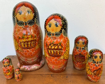 Vintage Russian Nesting Dolls, Matryoshka Wood Dolls, Wooden Signed Hand Painted Peasant Girls Holding Fruit