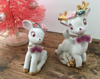 Kitschy Deer And Doe With Pink Rose And Red Violet Bows,Gold Antlers And Hooves, Vintage Made In Japan, Backstamp Looks Like Napco