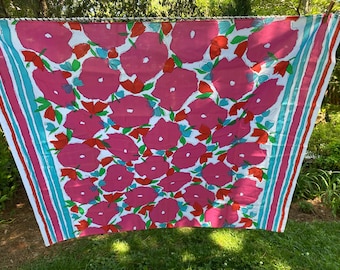 Mantel Mary Quant de los años 70, estampado floral rosa fucsia, estilo Marimekko, fabricado en Inglaterra, pañuelo de mesa de diseñador de moda, LEER