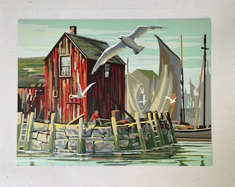 Vintage Seaside Paint By Numbers, Fishing Village, Red Barn, Fisherman On Dock, Coastal Sea Gulls, Fishing Village, Wharf, Dock