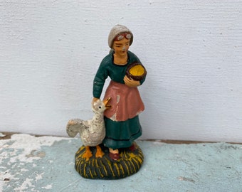 Vintage Woman With Goose/Duck Chalkware Figurine, Shabby, Chippy, Italian, Farm Girl With White Goose, Farmhouse