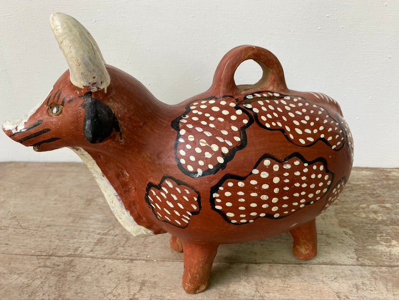 Vintage Folk Art Bull Bank, 80's Guatemalan Street Art, Ranch Farmhouse Art, Stylized Pottery, Cattle, Bovine Art, Primitive image 4