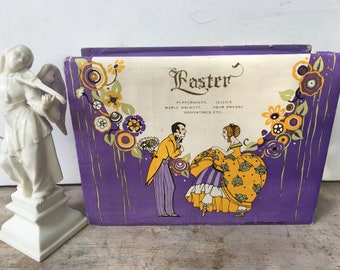 Antique Miller Made Chocolates Box, Easter Box, Purple Yellow, Cardboard Candy Box, Art Deco, Boston Massachusetts