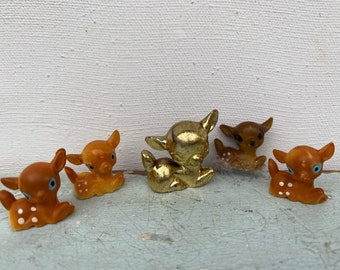 Vintage Set 5 Mini Fawn Figures, Hard Plastic, Mismatched Set, Shadowbox, Crafting, Terrarium, Christmas Miniatures