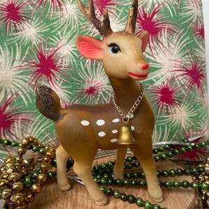 Vintage Rubber Reindeer, Christmas Decor, Made In Japan, Swivel Head, Gold Bell Collar, Brown Reindeer, Rudolph