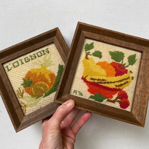 May include: Two square wooden frames containing cross-stitch embroidery. One features an orange onion with the text "OIGNON" in green. The other displays a yellow pear, orange, and red cherries with green leaves and the initials "A76" in the corner.