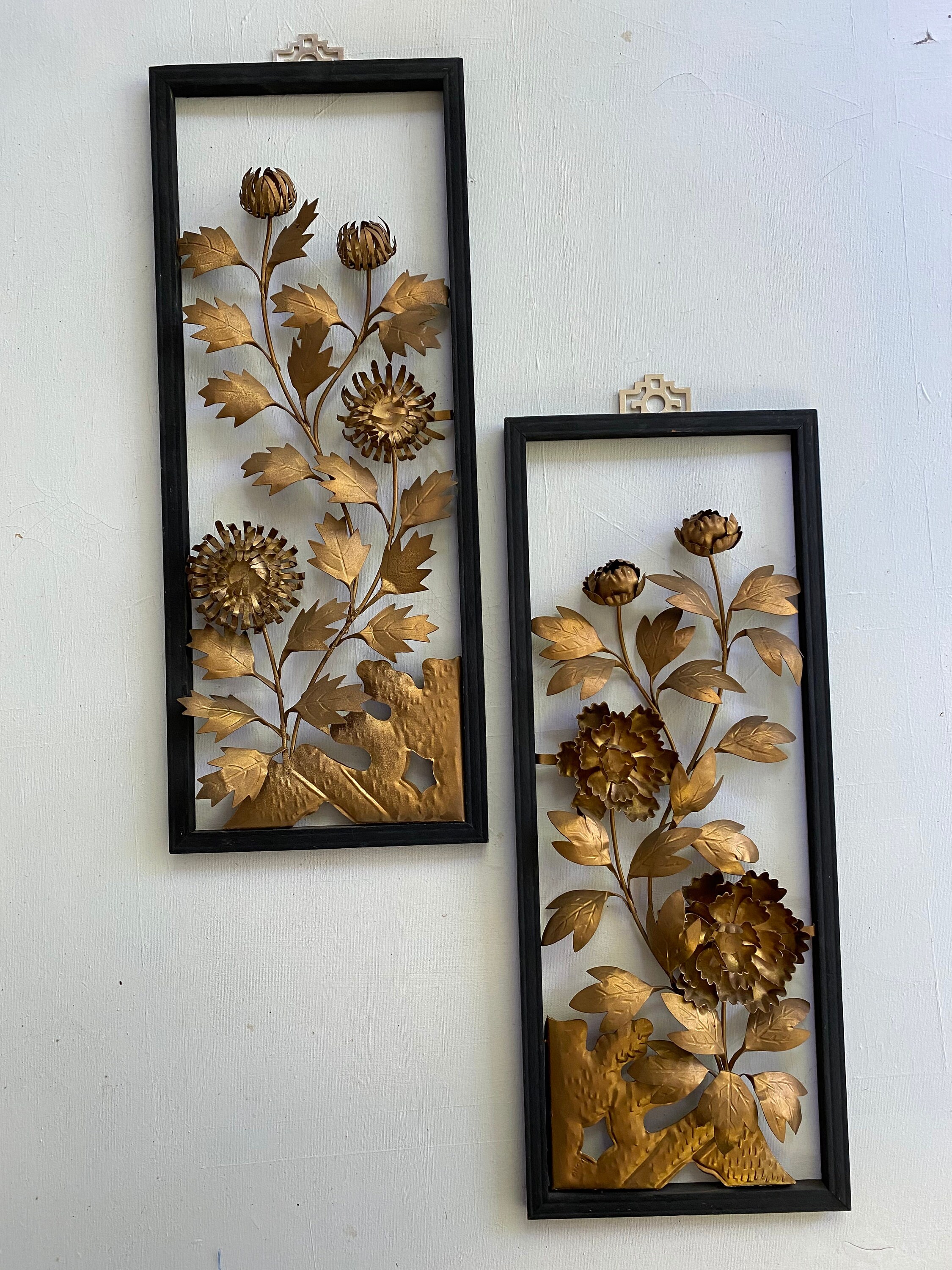 MCM Set Of 2 Framed Metal Floral Wall Hangings Brass Tone Etsy