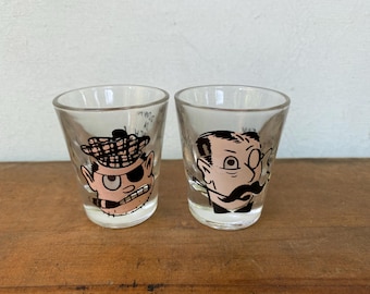 Vasos de chupito kitsch, artículos de bar Hazel Atlas Roving Eyes, ojo 3D Look Eye, Down Da Hatch, I Say Jolly What, cueva de hombre, chupitos, vintage, MCM
