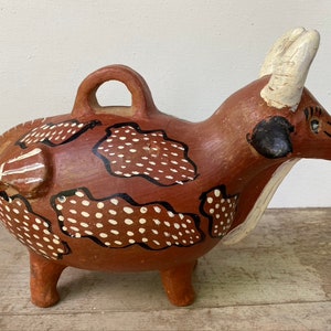 Vintage Folk Art Bull Bank, 80's Guatemalan Street Art, Ranch Farmhouse Art, Stylized Pottery, Cattle, Bovine Art, Primitive image 2