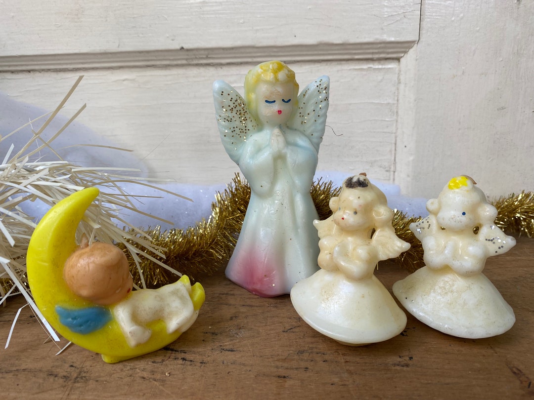 Vintage Gurley Angel Candles, Set of 4, Baby Angel on Crescent Moon