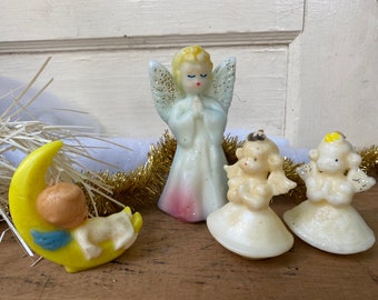 Vintage Gurley Angel Candles, Set Of 4, Baby Angel On Crescent Moon, Angel With Blonde Hair, Nursery Decor