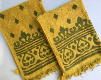 Mid Century Modern Hand Towel Set, Olive Green, Yellow,  Sears Drylon Bath Towels, MCM Bathroom, Green Bay Packers, Small