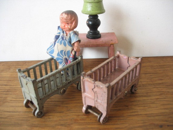 Vintage Kilgore Baby Cribs Cast Iron Doll Furniture Blue Boy Etsy