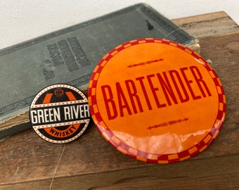 Vintage Bartender Pin Back, Green River Whiskey Pin Back For The Man Cave, Drink Mixer, Cocktails, Drinks