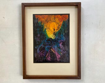 Mid Century Abstract Block Print, Sunshine In The Mountains, Landscape, Mountain Scene Signed By Artist, Dated 1972