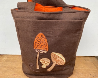 Vintage Mushroom Craft Tote, Knitting Bag, Palmer Smith Travel Tote With Embroidered Mushrooms, Brown And Orange