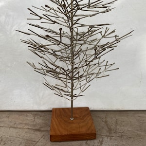 Metal Christmas Tree, Repurposed Nails, Holiday Tree, With Wooden Base, Table Top Tree, Alternative, Man Cave image 1