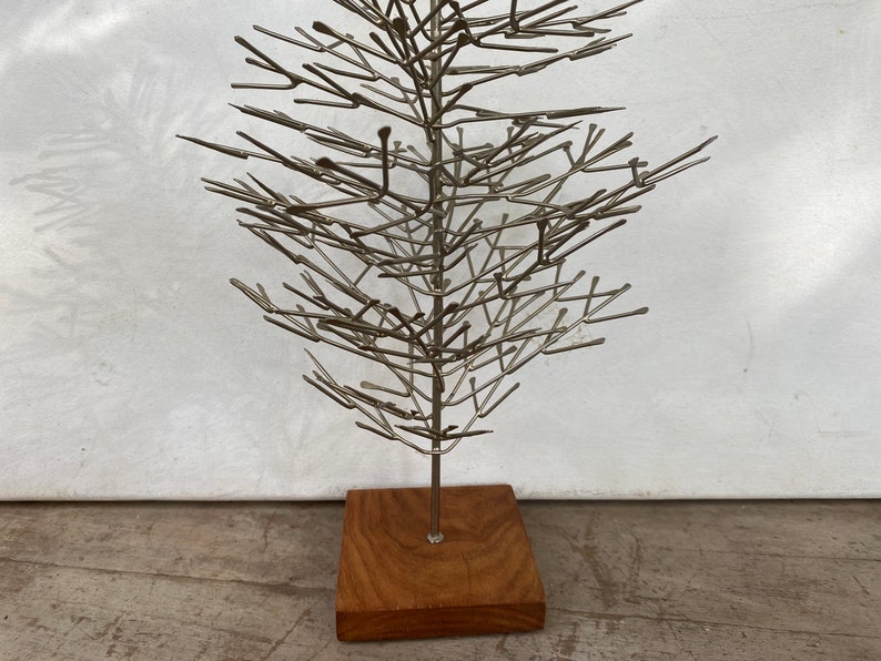 Metal Christmas Tree, Repurposed Nails, Holiday Tree, With Wooden Base, Table Top Tree, Alternative, Man Cave image 1