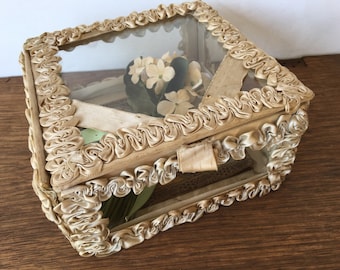 Antique Showcase Glass Box, Victorian Shabby Glass Box With Fabric Trim, Jewelry Keepsake Display Box, Commemorative