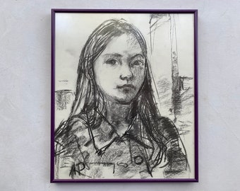 Vintage Girl Portrait By Andrew Portwood, Charcoal Drawing Of Young Girl Tween, Framed Art, Portrait Wall, Original Art Signed By Artist
