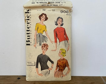 Vintage Butterick 9081, Bust 32, Size 12,  1959 Blouses, Quick And Easy, Tuck In Or Overblouse, UNCUT