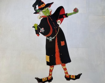 Vintage Amscan Witchipoo Jointed Halloween Witch, SHABBY, Large Size, Holding Mouse, Holding Apple, Made in Hong Kong