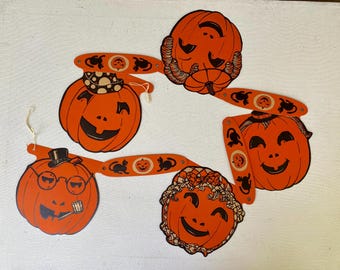 Vintage Beistle Jack O Lantern Garland, JOL Hanging Halloween Decor, USA, 5 JOL Faces Attached With Black Cat Design, Near Mint